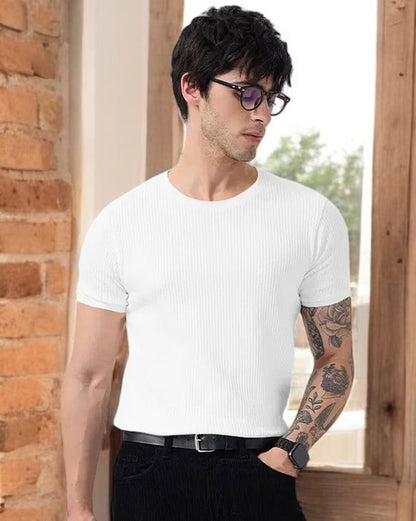 KRM Men’s White Ribbed Slim Fit T-Shirt – Soft Stretch Cotton Casual Wear