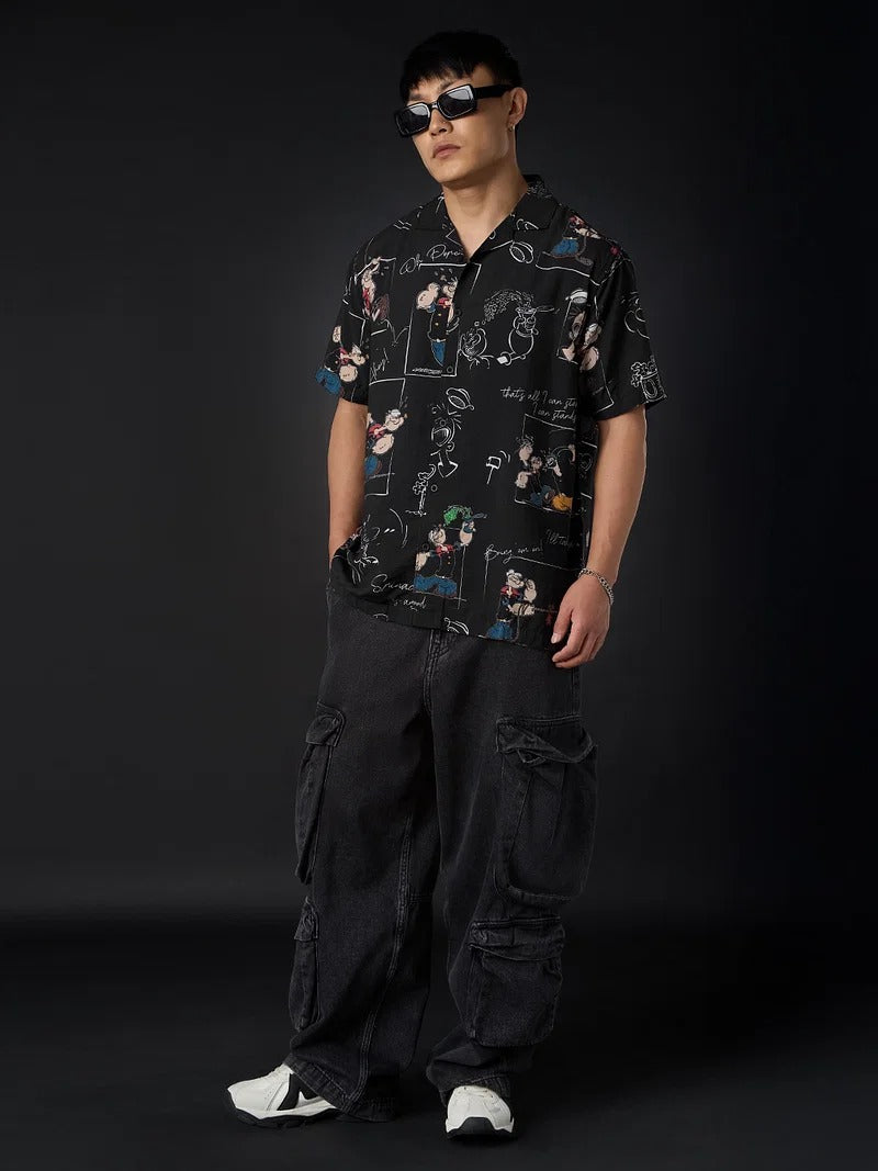 KRM Men’s Cartoon Print Rayon Resort Shirt – Casual Half Sleeve Button-Down