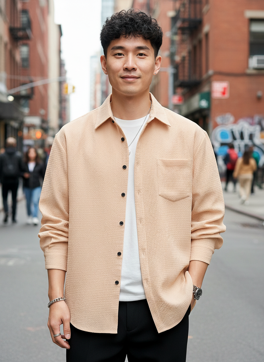 KRM Men’s White Textured Cotton Casual Shirt – Full Sleeves, Regular Fit