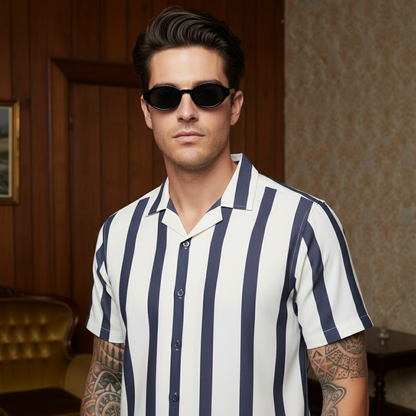 KRM Men’s Trendy Vertical Stripe Shirt – Relaxed Half Sleeve