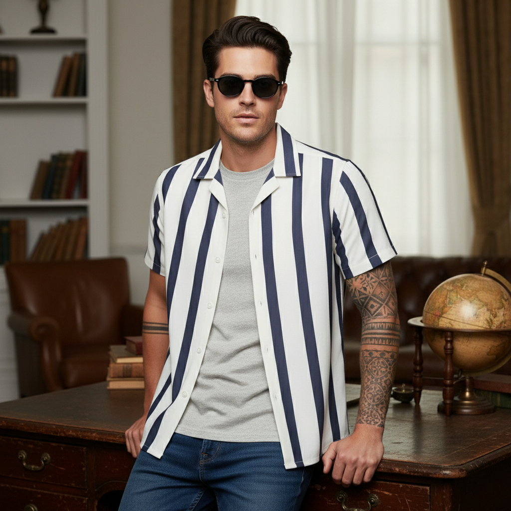 KRM Men’s Trendy Vertical Stripe Shirt – Relaxed Half Sleeve