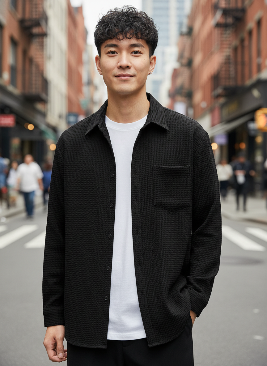 KRM Men’s White Textured Cotton Casual Shirt – Full Sleeves, Regular Fit