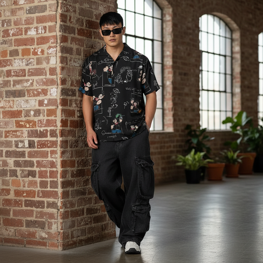 KRM Men’s Cartoon Print Rayon Resort Shirt – Casual Half Sleeve Button-Down