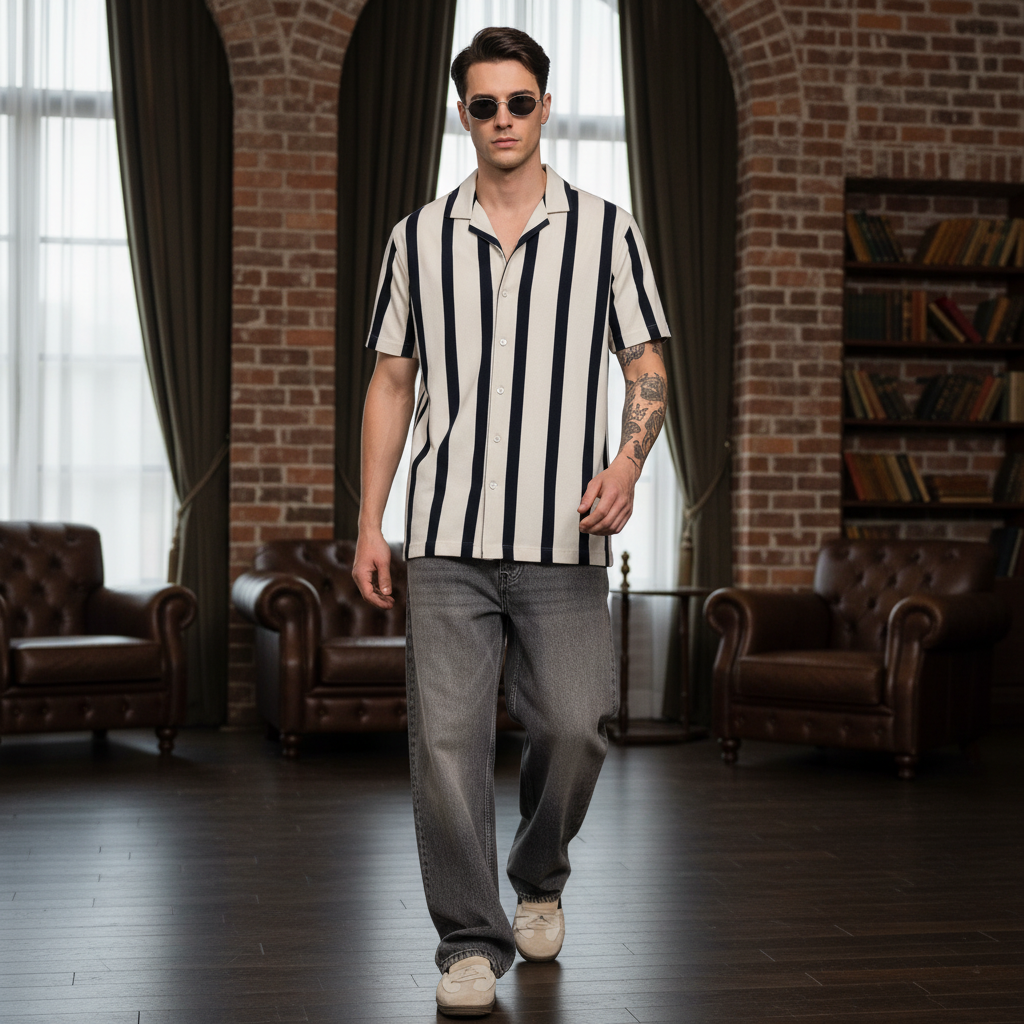 KRM Men’s Trendy Vertical Stripe Shirt – Relaxed Half Sleeve
