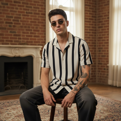 KRM Men’s Trendy Vertical Stripe Shirt – Relaxed Half Sleeve