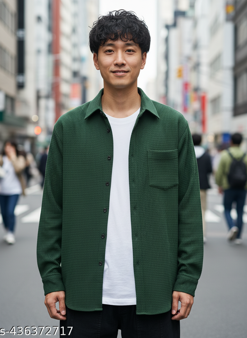 KRM Men’s White Textured Cotton Casual Shirt – Full Sleeves, Regular Fit