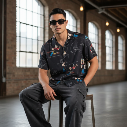 KRM Men’s Cartoon Print Rayon Resort Shirt – Casual Half Sleeve Button-Down