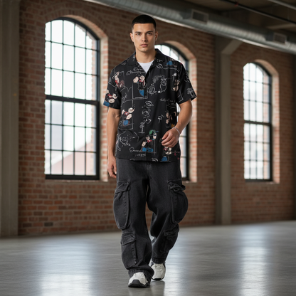 KRM Men’s Cartoon Print Rayon Resort Shirt – Casual Half Sleeve Button-Down