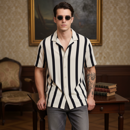 KRM Men’s Trendy Vertical Stripe Shirt – Relaxed Half Sleeve