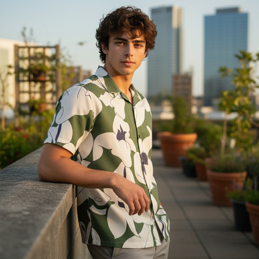 KRM Men’s Green & White Floral Rayon Shirt – Trendy Resort Fit