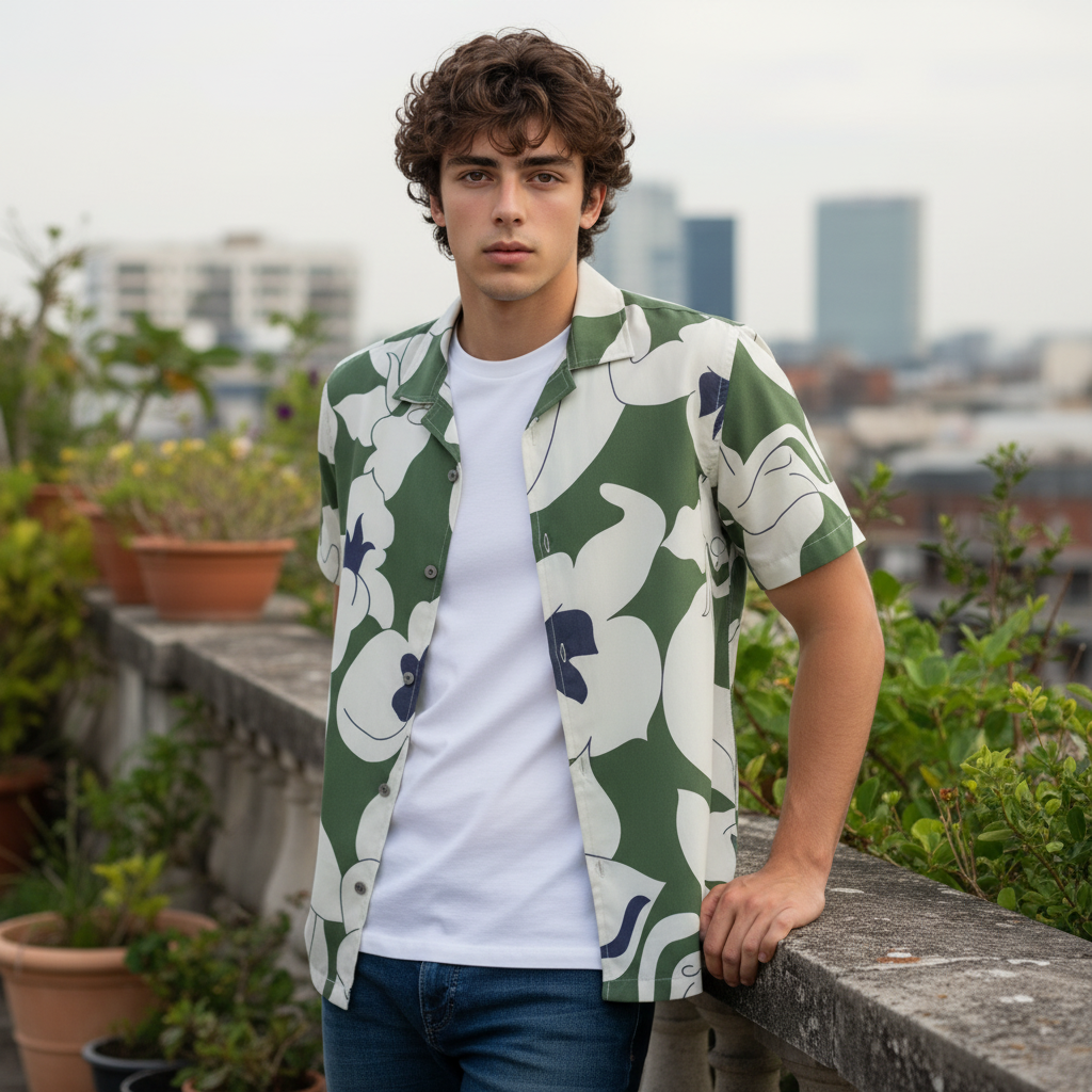 KRM Men’s Green & White Floral Rayon Shirt – Trendy Resort Fit