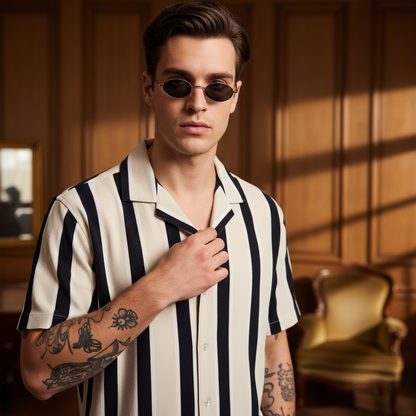 KRM Men’s Trendy Vertical Stripe Shirt – Relaxed Half Sleeve