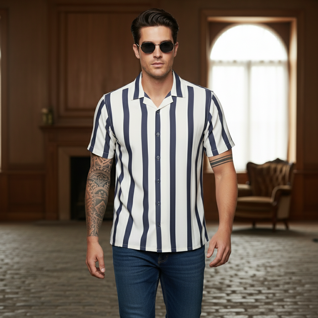 KRM Men’s Trendy Vertical Stripe Shirt – Relaxed Half Sleeve