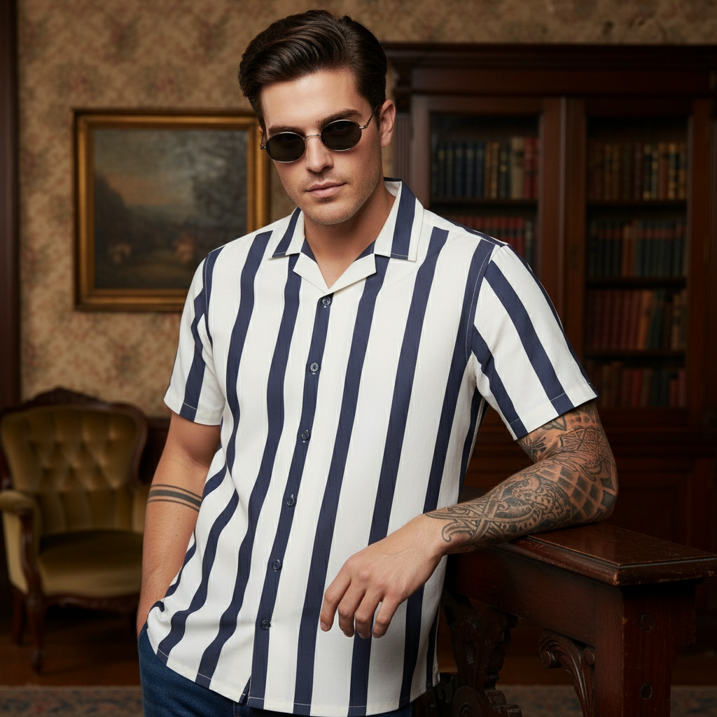KRM Men’s Trendy Vertical Stripe Shirt – Relaxed Half Sleeve