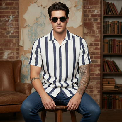 KRM Men’s Trendy Vertical Stripe Shirt – Relaxed Half Sleeve