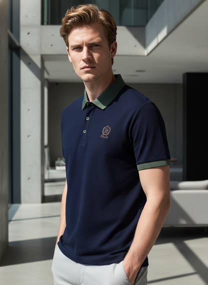 KRM Men’s Polo T-Shirt with Green Collar & Sleeve Trim – Premium Cotton Blend Casual Wear