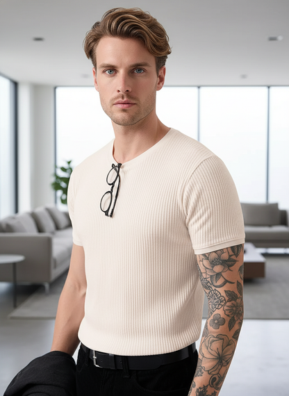KRM Men’s White Ribbed Slim Fit T-Shirt – Soft Stretch Cotton Casual Wear